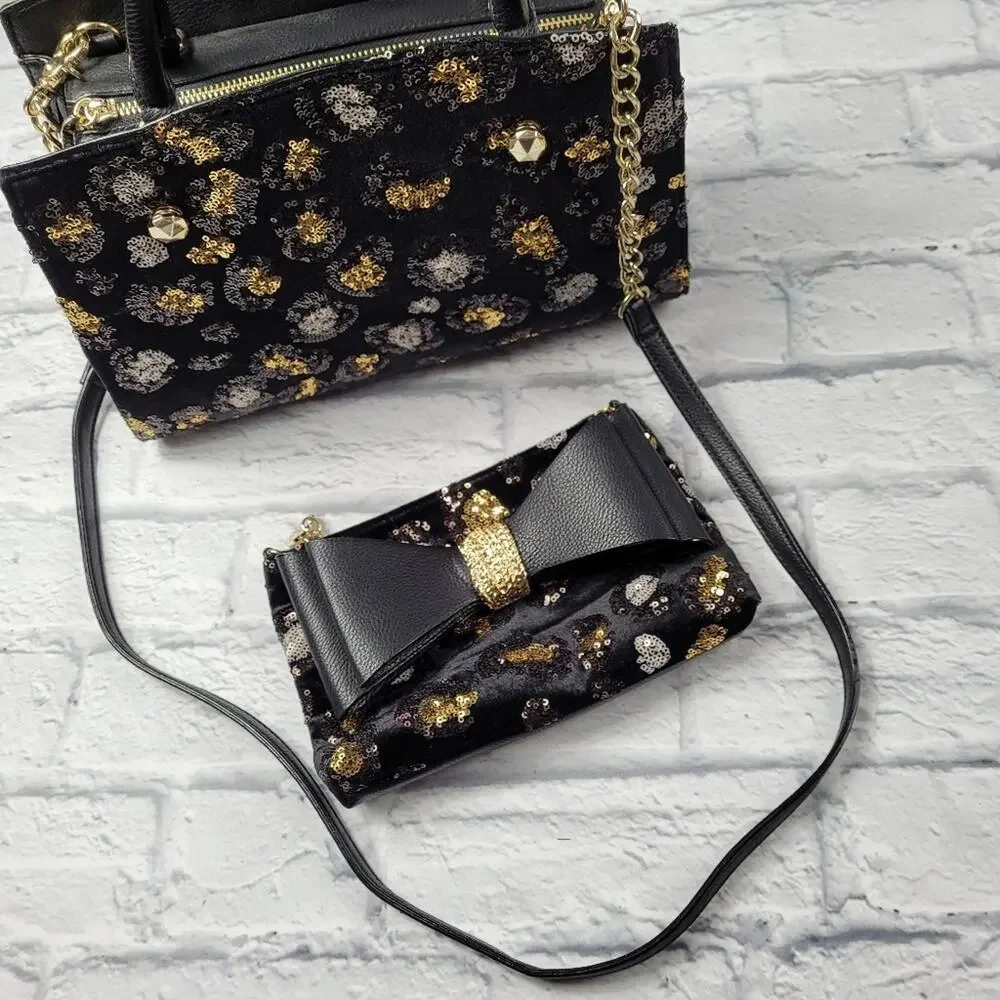 Mobwife Betsey Johnson Evening Prowl Velvet & Leopard Sequin Convertible Satchel